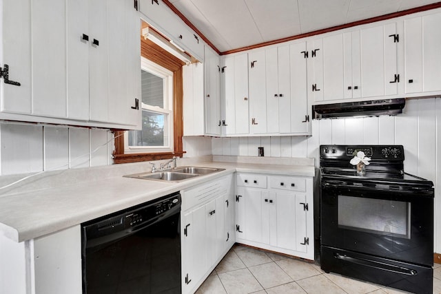 kitchen featuring a sink, black appliances, light countertops, white cabinets, and under cabinet range hood