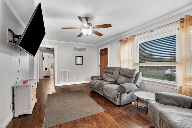 living area featuring baseboards, visible vents, a ceiling fan, and dark wood-style floors