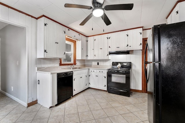 kitchen featuring white cabinets, a sink, light countertops, under cabinet range hood, and black appliances