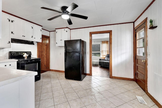 kitchen with white cabinets, ceiling fan, light countertops, under cabinet range hood, and black appliances