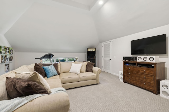 living room featuring baseboards, carpet flooring, and vaulted ceiling