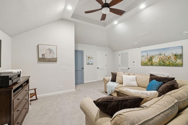 living area with light carpet, lofted ceiling, recessed lighting, baseboards, and ceiling fan