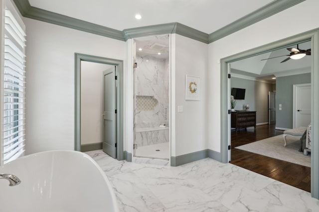 bathroom featuring a marble finish shower, marble finish floor, crown molding, and ceiling fan