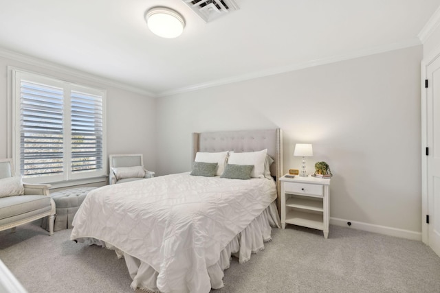 bedroom featuring visible vents, baseboards, light colored carpet, and ornamental molding