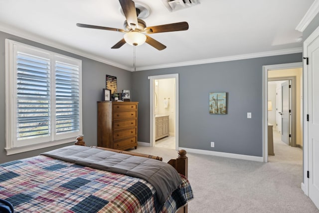 bedroom featuring baseboards, visible vents, ceiling fan, crown molding, and light colored carpet