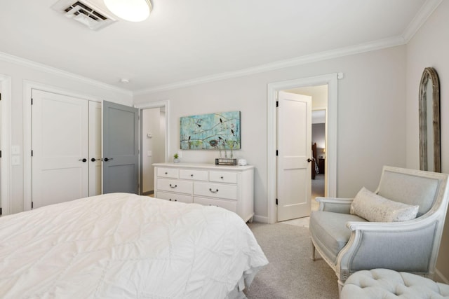 bedroom with light colored carpet, visible vents, and ornamental molding