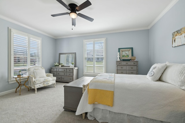 bedroom with crown molding, a ceiling fan, baseboards, and carpet floors