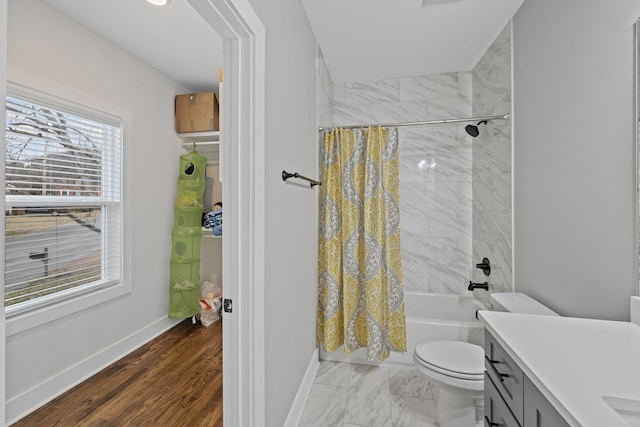 full bathroom with vanity, baseboards, shower / bath combination with curtain, toilet, and marble finish floor