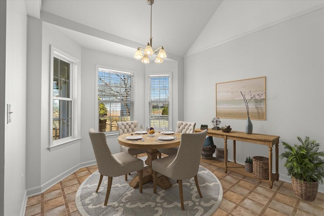 dining area featuring lofted ceiling, a notable chandelier, and baseboards