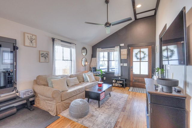 living room with a ceiling fan, light wood-type flooring, and high vaulted ceiling