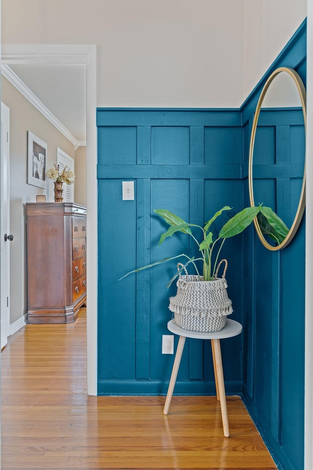 details with a decorative wall, wood finished floors, and ornamental molding