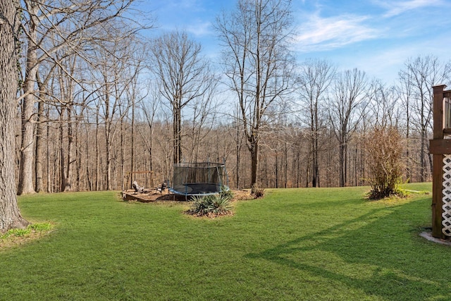 view of yard featuring a trampoline and a wooded view