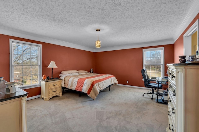 bedroom with baseboards, light carpet, a textured ceiling, and ornamental molding