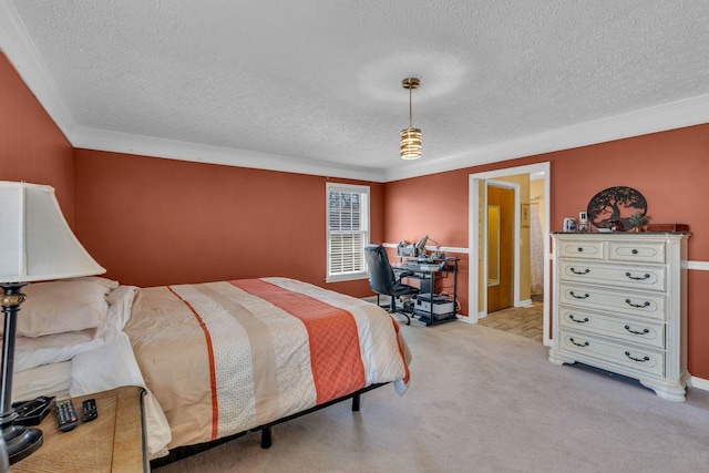 bedroom with light carpet, a textured ceiling, and crown molding