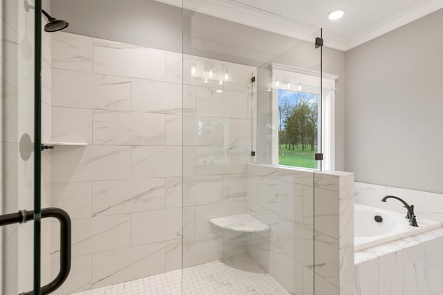 full bath with crown molding, a garden tub, and a stall shower