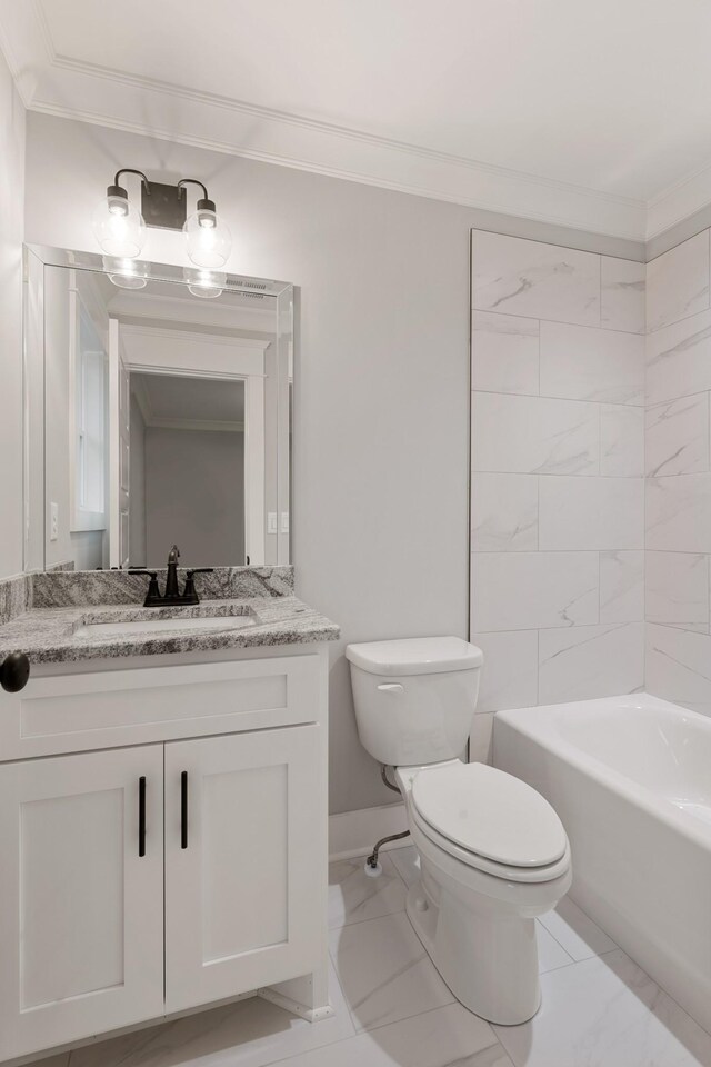 bathroom with toilet, marble finish floor,  shower combination, crown molding, and vanity