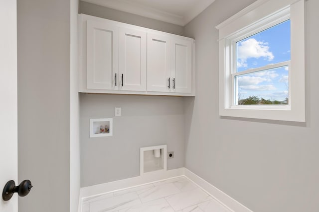 laundry room featuring marble finish floor, washer hookup, cabinet space, baseboards, and hookup for an electric dryer