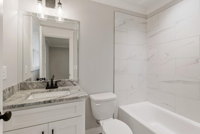 bathroom featuring vanity, toilet, and crown molding