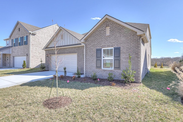 view of front of home with brick siding, board and batten siding, a front lawn, a garage, and driveway