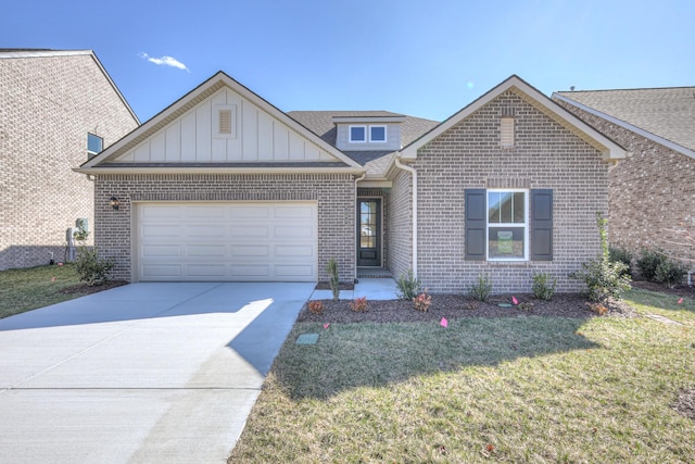 view of front of house featuring brick siding, board and batten siding, a front lawn, concrete driveway, and an attached garage