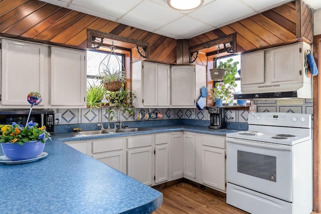 kitchen with wooden walls, under cabinet range hood, electric stove, white cabinetry, and a sink