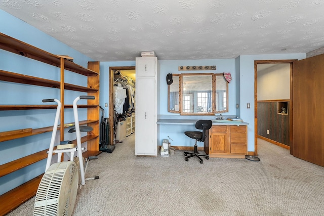 office space featuring light carpet, baseboards, and a textured ceiling