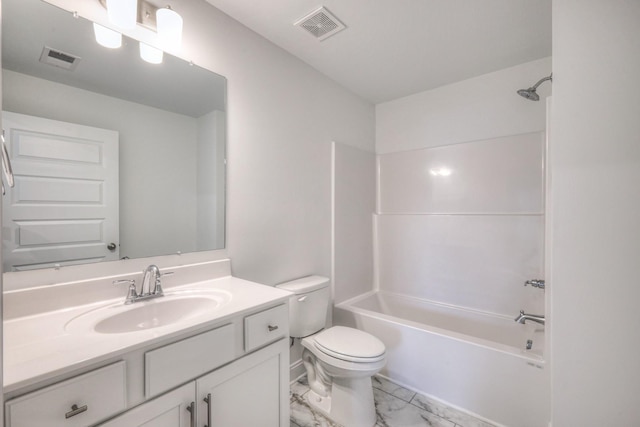 full bath with toilet, visible vents, marble finish floor, and shower / bathtub combination