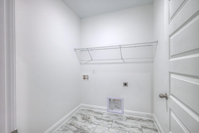 washroom featuring hookup for a washing machine, baseboards, laundry area, electric dryer hookup, and marble finish floor