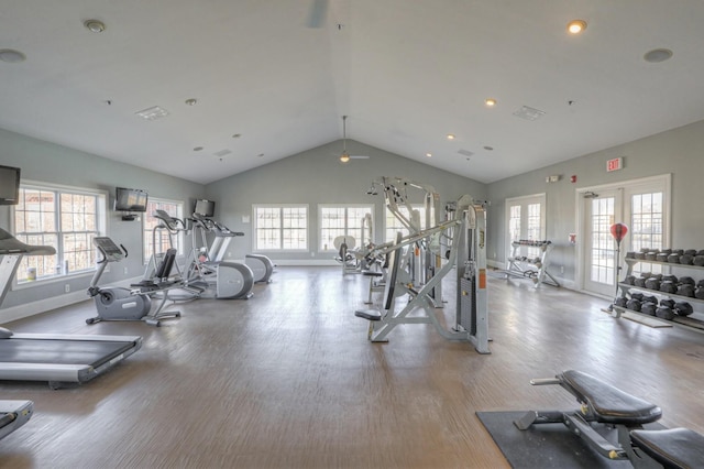 exercise room featuring wood finished floors, baseboards, a wealth of natural light, and high vaulted ceiling