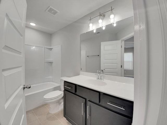 bathroom with tile patterned floors, visible vents, toilet, tub / shower combination, and vanity