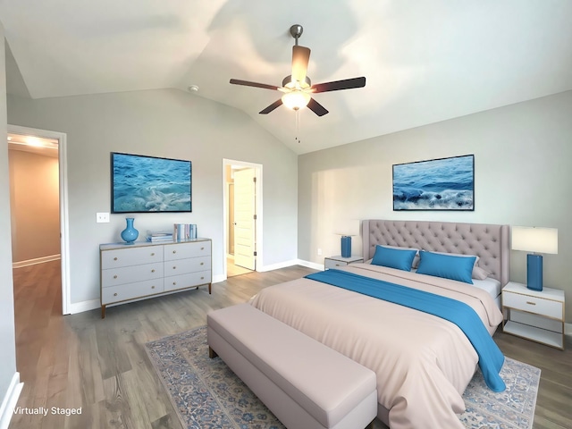 bedroom featuring baseboards, a ceiling fan, lofted ceiling, and wood finished floors