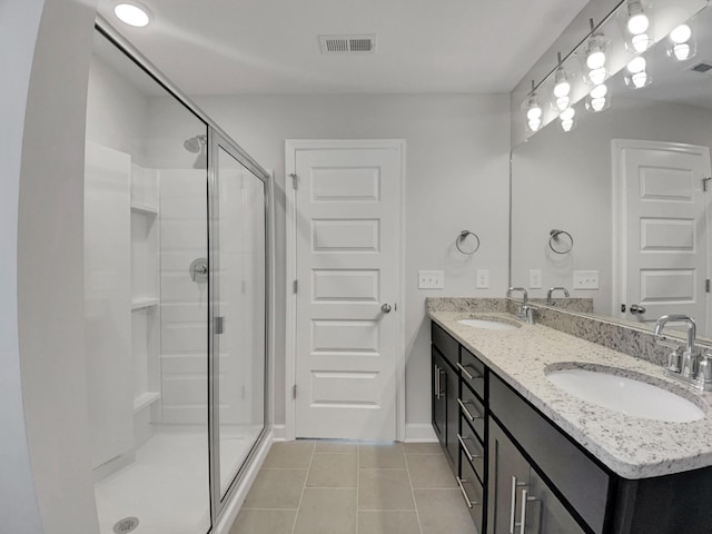 full bath featuring tile patterned flooring, a stall shower, visible vents, and a sink