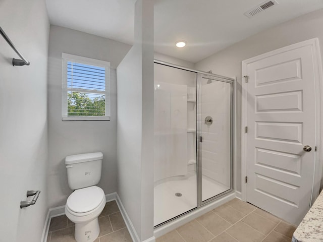 full bath featuring baseboards, visible vents, a shower stall, tile patterned floors, and toilet