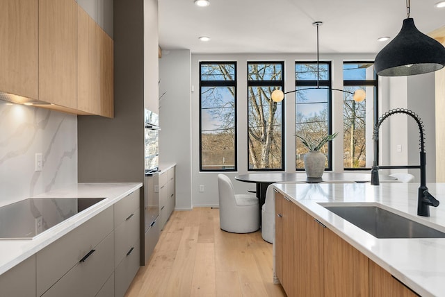 kitchen featuring black electric stovetop, light wood-type flooring, decorative backsplash, modern cabinets, and a sink