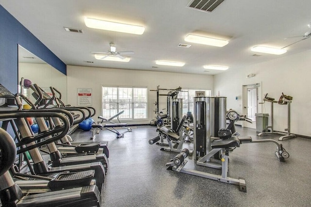 gym featuring a ceiling fan and visible vents