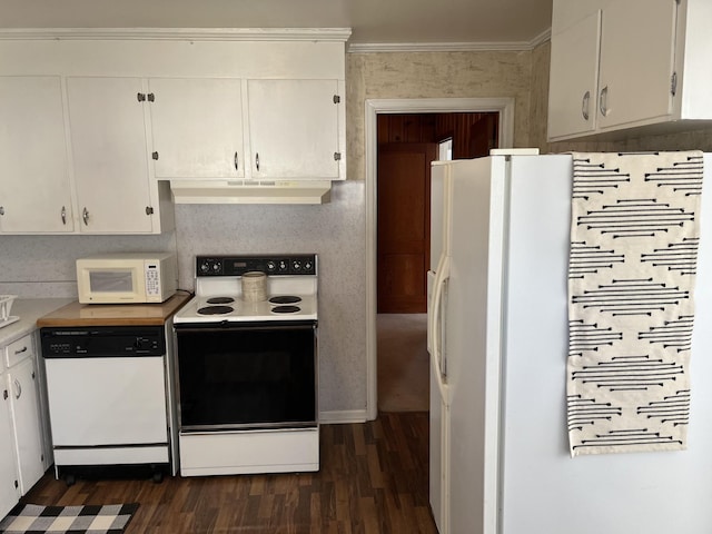 kitchen featuring under cabinet range hood, white appliances, white cabinets, crown molding, and light countertops