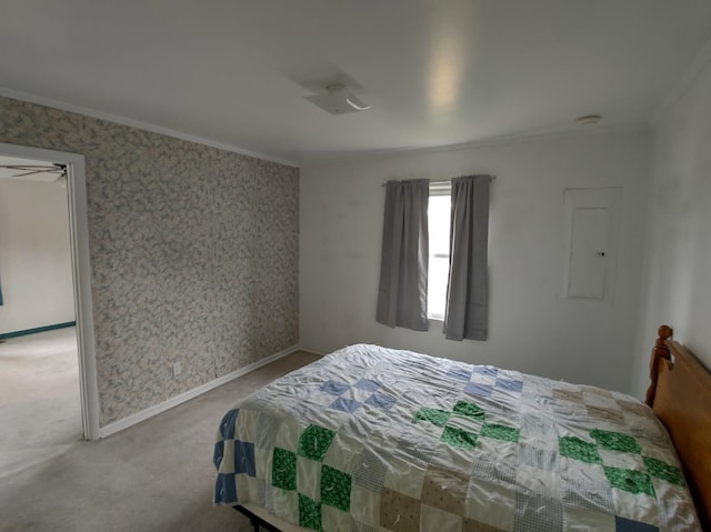 carpeted bedroom with wallpapered walls, crown molding, electric panel, and baseboards