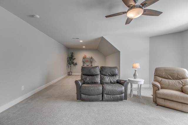 carpeted living room with recessed lighting, visible vents, baseboards, and ceiling fan