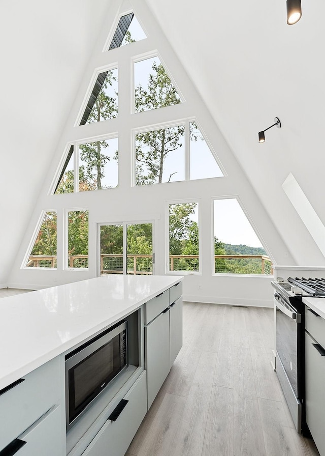 kitchen with stainless steel appliances, light wood-style flooring, and light countertops