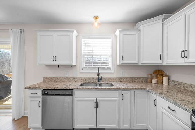 kitchen featuring dishwasher, white cabinets, a healthy amount of sunlight, and a sink