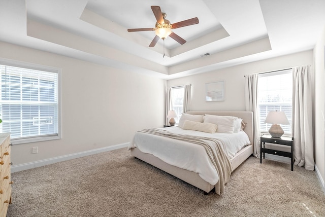 bedroom featuring a raised ceiling, multiple windows, light colored carpet, and baseboards