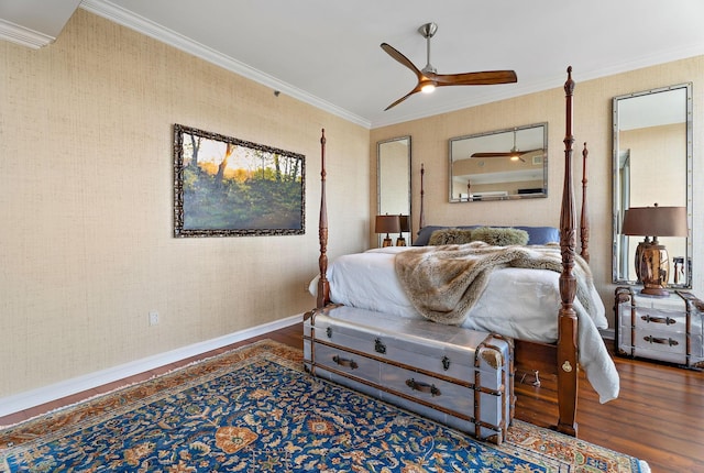 bedroom with wallpapered walls, crown molding, baseboards, and wood finished floors