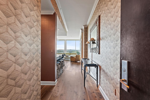 corridor with floor to ceiling windows, crown molding, and hardwood / wood-style floors