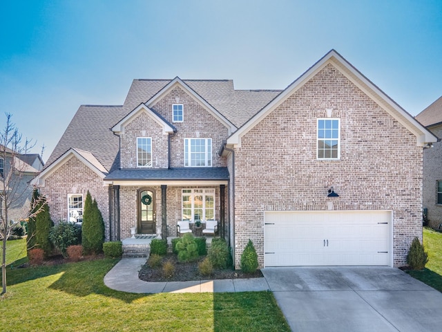 traditional-style house featuring a front lawn, brick siding, covered porch, and driveway