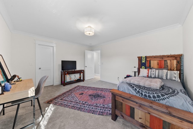 carpeted bedroom with crown molding and baseboards