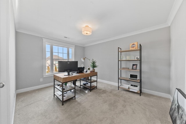 home office featuring carpet flooring, visible vents, and ornamental molding