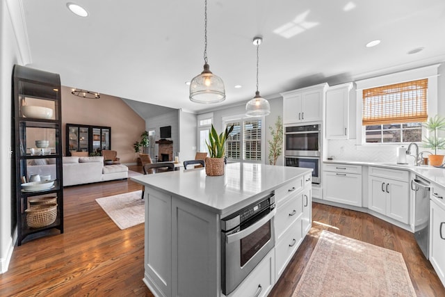 kitchen featuring a sink, light countertops, dark wood-type flooring, and stainless steel appliances