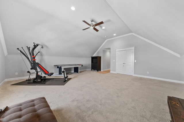 exercise room with baseboards, lofted ceiling, carpet flooring, recessed lighting, and a ceiling fan