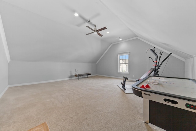 playroom featuring carpet, baseboards, recessed lighting, ceiling fan, and vaulted ceiling