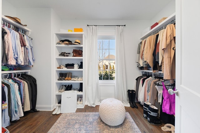 walk in closet with wood finished floors